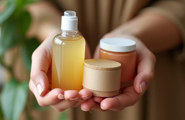 Hands holding cosmetic products in sustainable, natural packaging made from paper and glass