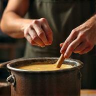 Image illustrating process step: Person stirring a mixture in a pot